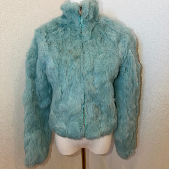 Turquoise Genuine Rabbit Fur Jacket - Picture 2 of 11
